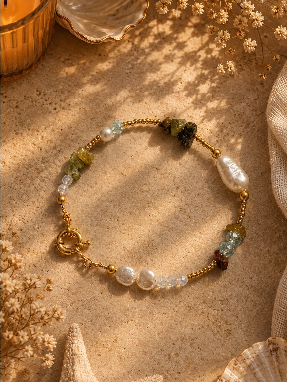 Gold Pearl & Green Stone Beaded Bracelet